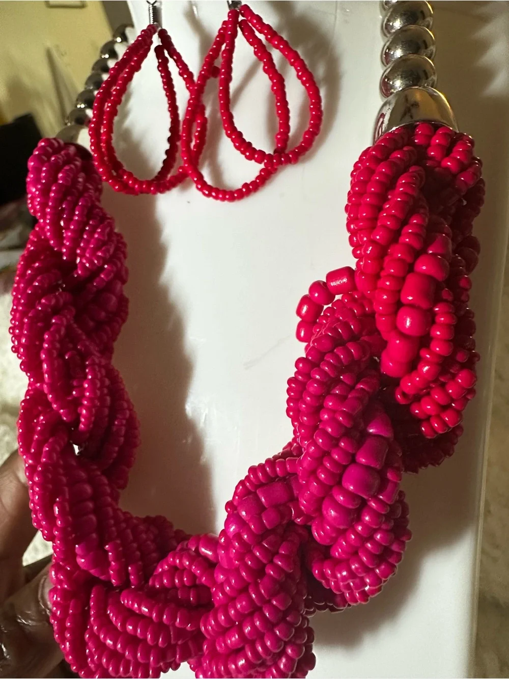 Handcrafted Hot Pink Beaded Necklace & Earrings Set